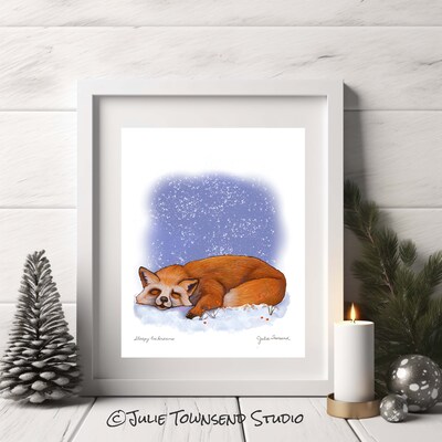 ART PRINT - SWEET FOX DREAMS - A Whimsical Drawing of a Sleeping Fox - Art for the Winter Season - Brighten Any Room for the Holidays - image3